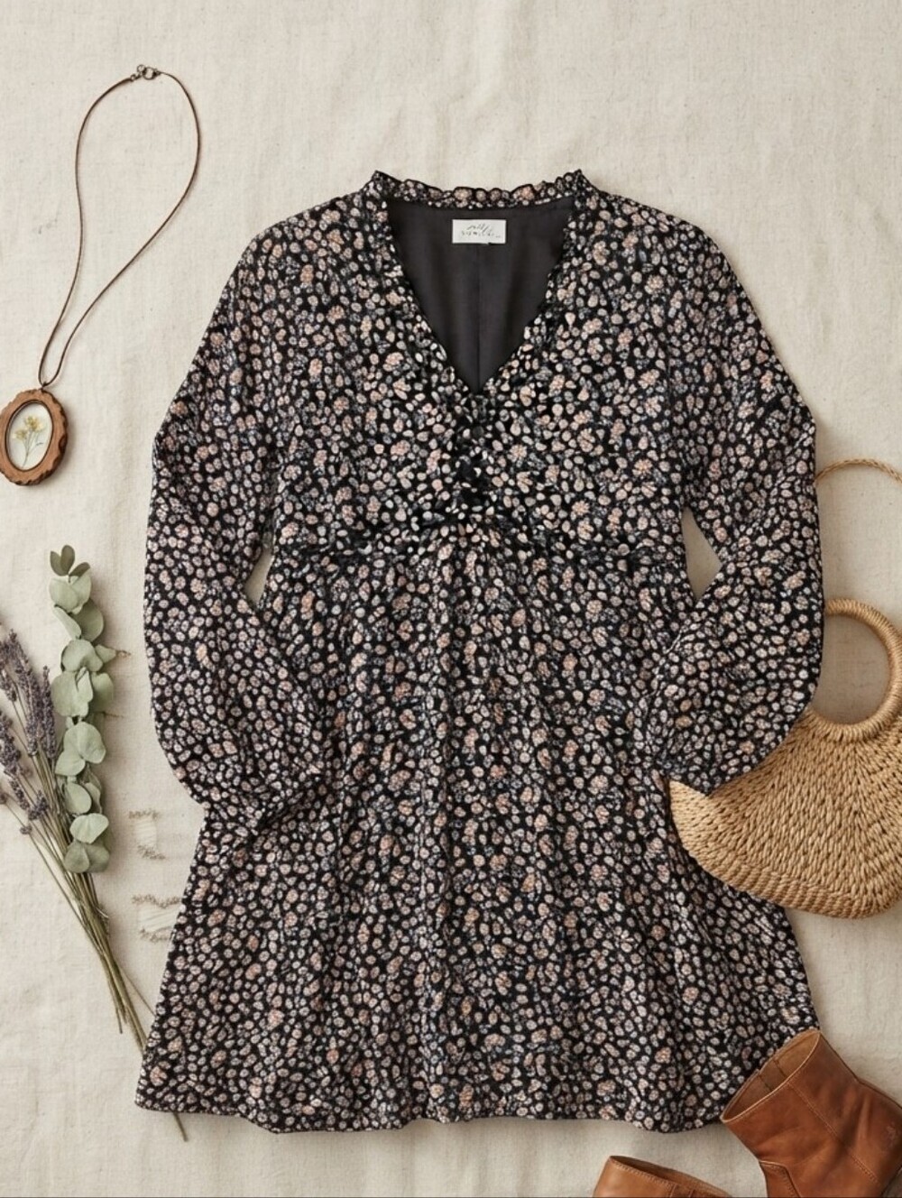 Emily Wonder Black Ditsy Floral Print Long Sleeve Boho Dress